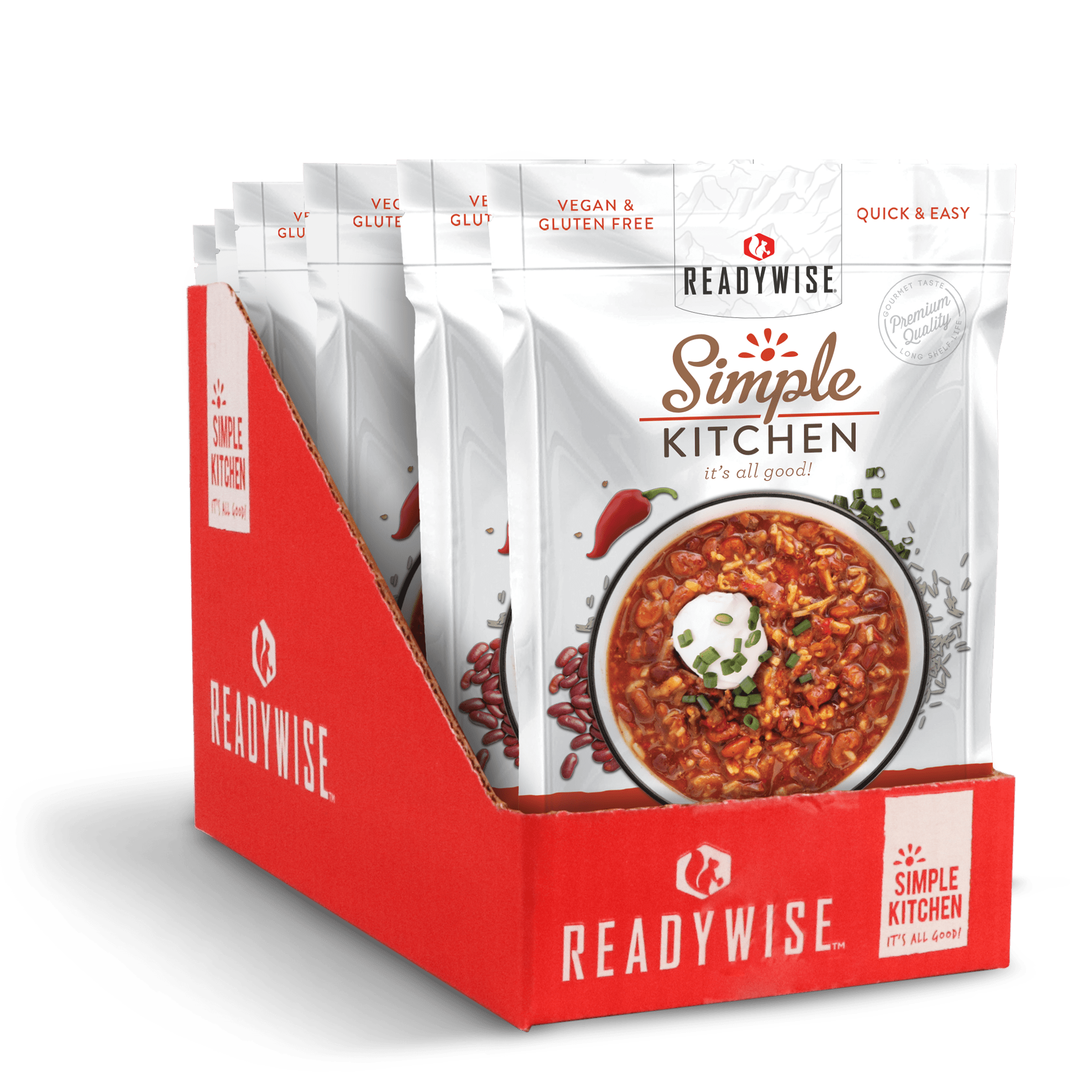 A box of ReadyWise (formerly Wise Food Storage) Simple Kitchen Hearty Veggie Chili Soup - 6 Pack - (SHIPS IN 1-2 WEEKS).