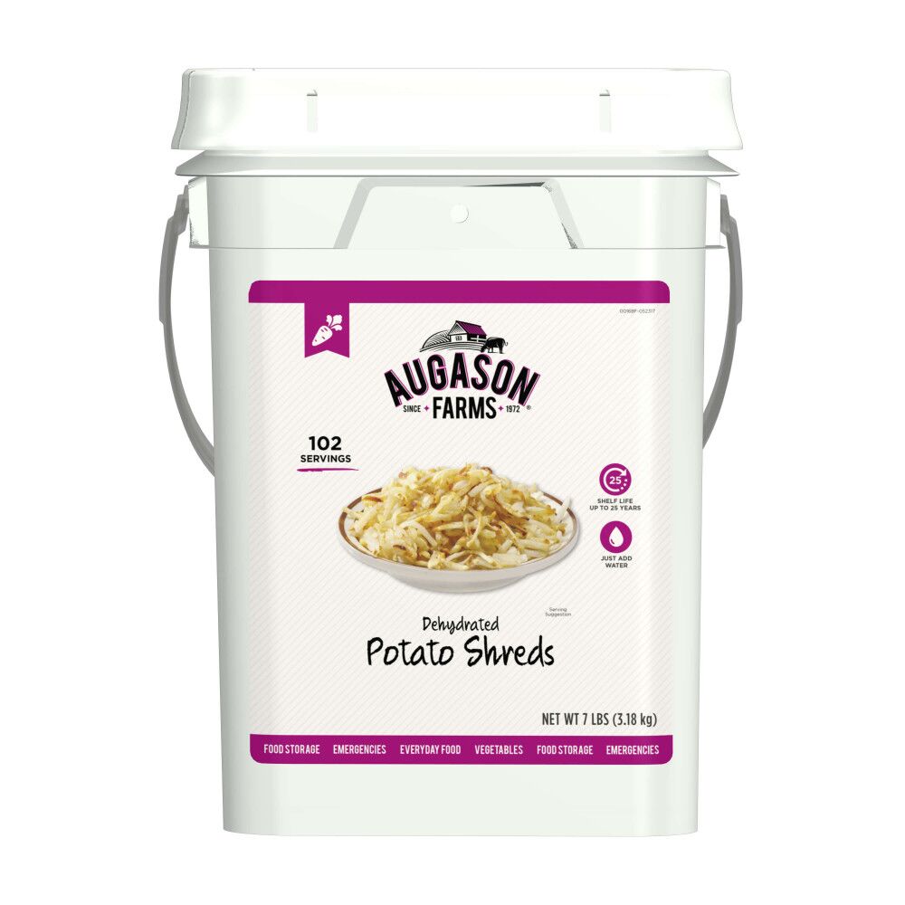 Augason Farms Dehydrated Potato Shreds 4 Gallon Pail - 102 Servings - (SHIPS IN 1-2 WEEKS) in a bucket.