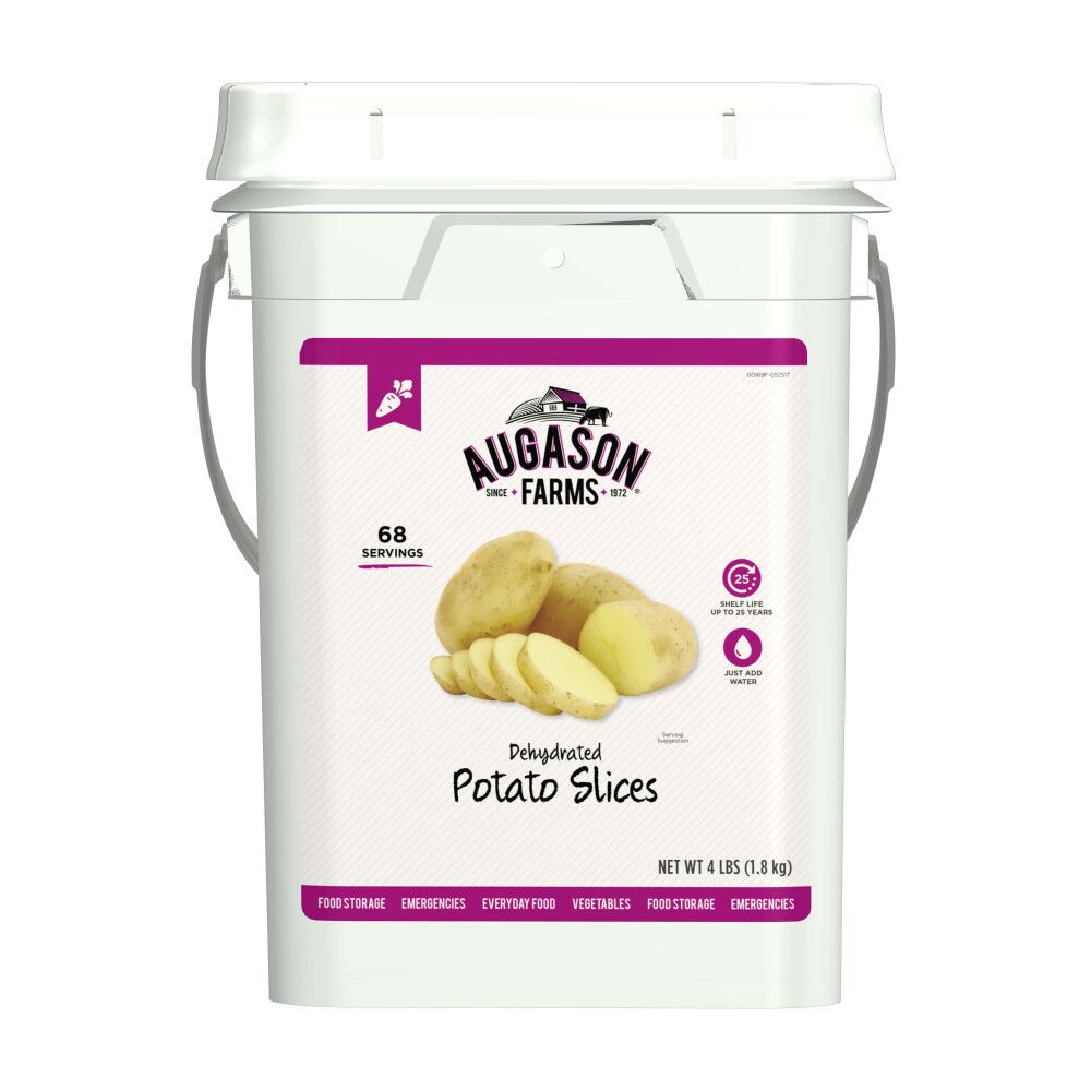A bucket of Augason Farms Dehydrated Potato Slices 4 Gallon Pail - 68 Servings Bucket - (SHIPS IN 1-2 WEEKS).