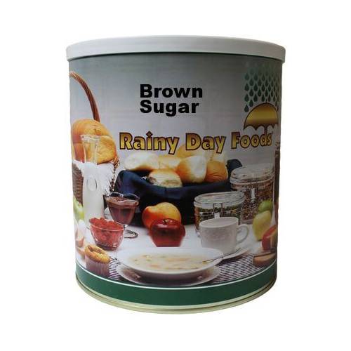 A tin of Rainy Day Foods brown sugar on a white background.