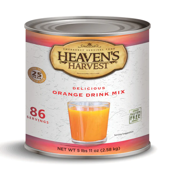 82 servings of HEAVEN'S HARVEST orange drink mix in a #10 can, ready to ship within 1-2 weeks.
