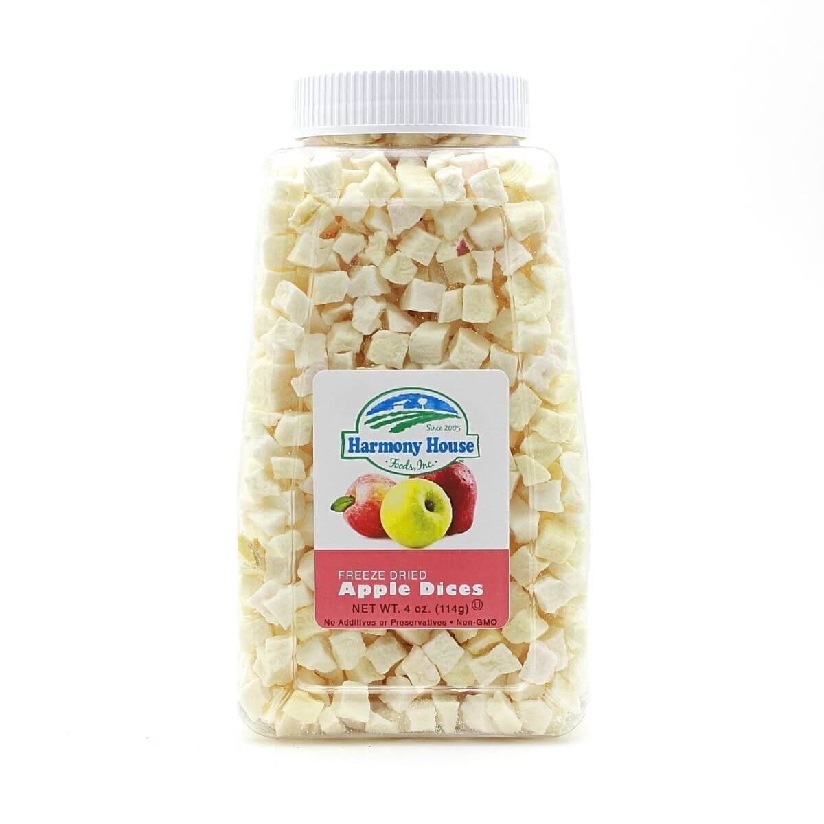 A jar of Harmony House Freeze-Dried Apple Dices on a white background.